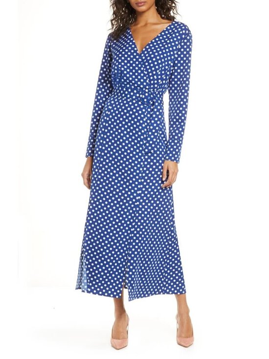 1901 Dresses & Skirts - 🆕1901 Polka Dot Wrap Long Sleeve Maxi Dress Blue Small (4-6)